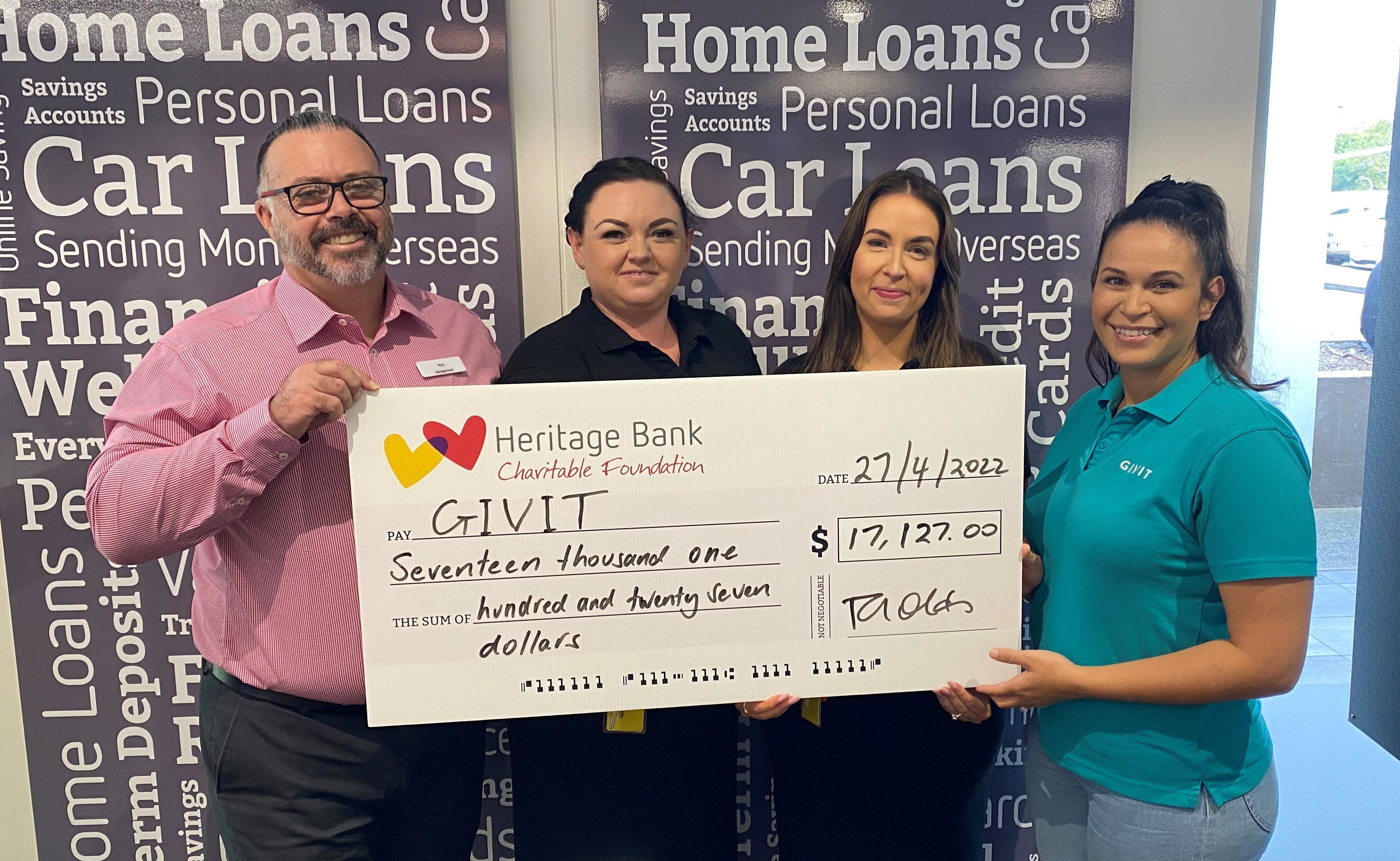 Givit Cheque Presentation 2022 at Heritage Bank Morayfield Branch